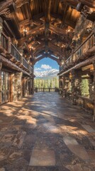 Fototapeta premium Spacious wooden lodge interior with mountain views through large windows.