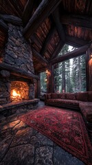Cozy cabin interior with a stone fireplace and rustic furnishings.