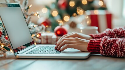 A cozy scene featuring hands typing on a laptop in front of a festive backdrop with Christmas decorations and a warm, inviting atmosphere.