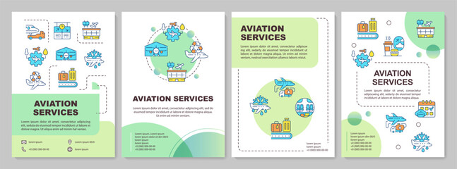 Aviation services green circle brochure template. Leaflet design with linear icons. Editable 4 vector layouts for presentation, annual reports. Arial-Bold, Myriad Pro-Regular fonts used