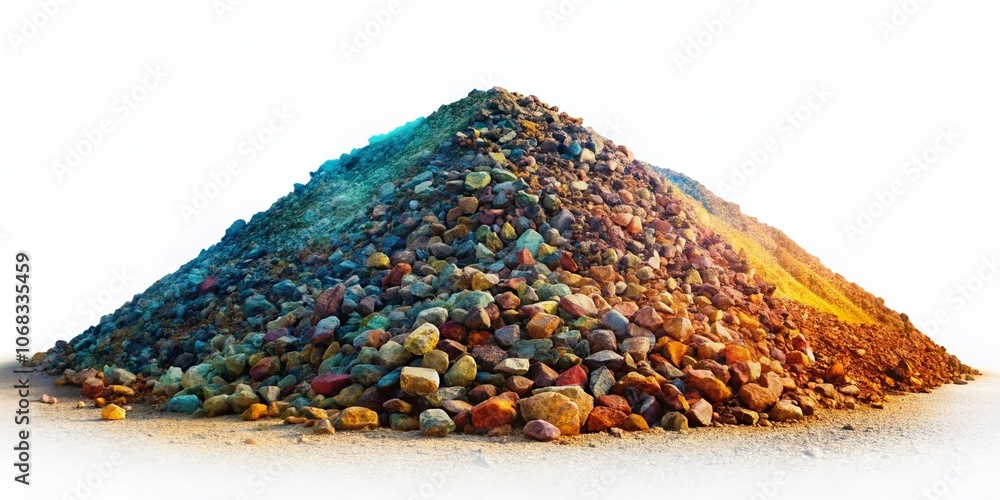 Poster double exposure of a side view on a gravel pile with abstract elements merging into the background, 