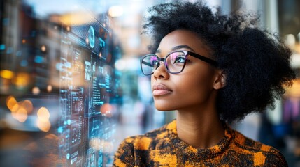 Close up of a client examining AI skin analysis data on a transparent screen in a modern skincare clinic setting
