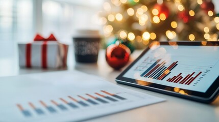 A tablet displaying graphs sits on a table alongside festive decorations, a coffee cup, and a gift box, evoking a holiday business atmosphere.