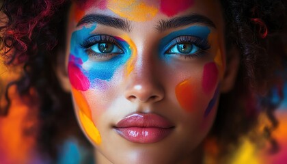 Naklejka premium Artist surrounded by colorful murals, vibrant makeup, creative environment, vivid shot