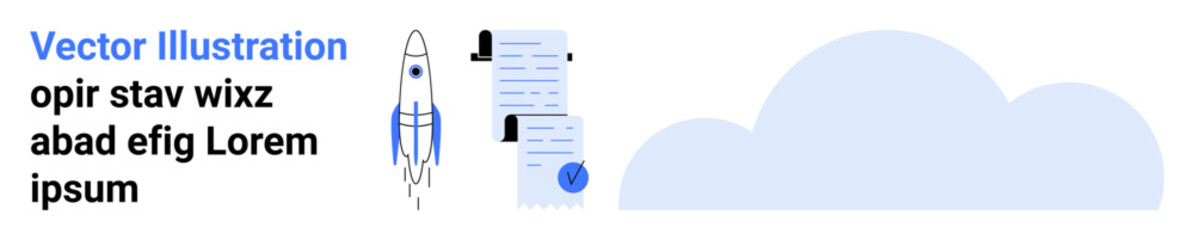 Rocket launching icon, vertical documents with person icons and checkmark, and cloud shape. Ideal for startup, technology, cloud storage, data management, business growth, online documents