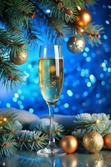 Christmas still life with champagne glass and festive decorations on light blue background with glitter sparkle bokeh. New Year and Christmas holiday template design, celebration, congratulation.
