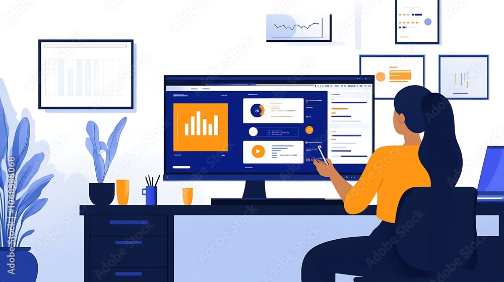 Poster woman analyzing data charts on computer screen