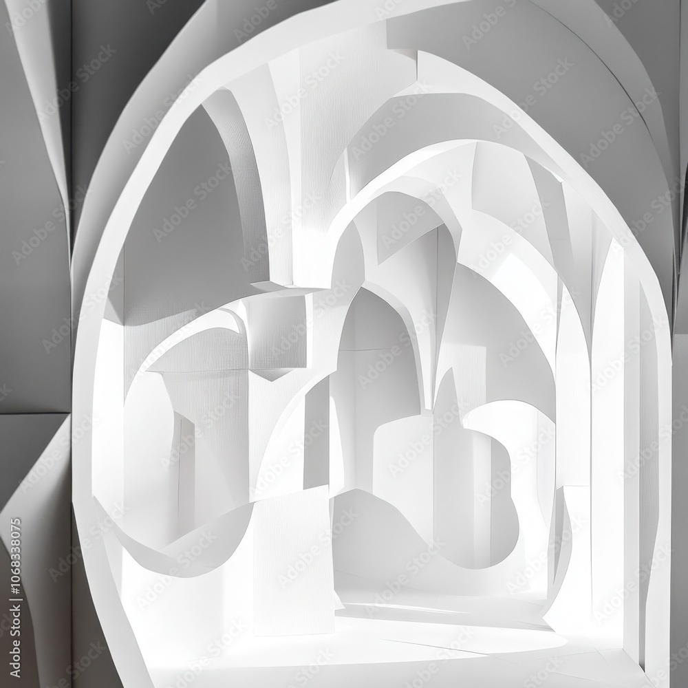 Poster exploring the elegance of geometric white-on-white paper art sculptures a journey through complex fo