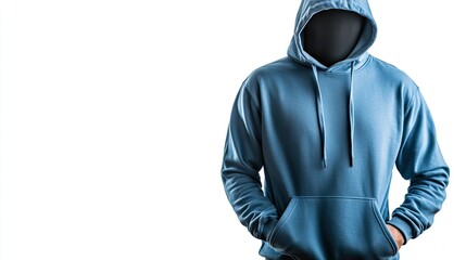 Obraz premium Anonymous Figure in Blue Hoodie on White Background