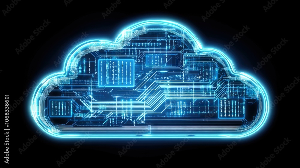 Poster digital cloud with circuit board elements in neon style