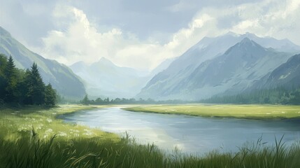 A serene mountain valley with a meandering river flowing through a lush green meadow under a cloudy sky.