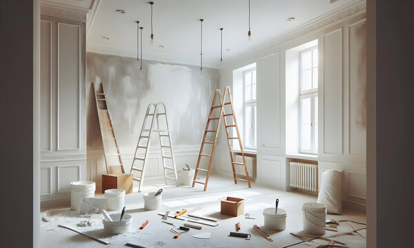 Ein leeres Zimmer mit zwei Leitern, in dem renoviert wird, Farbt&ouml;pfe und Pinsel, copy space, 