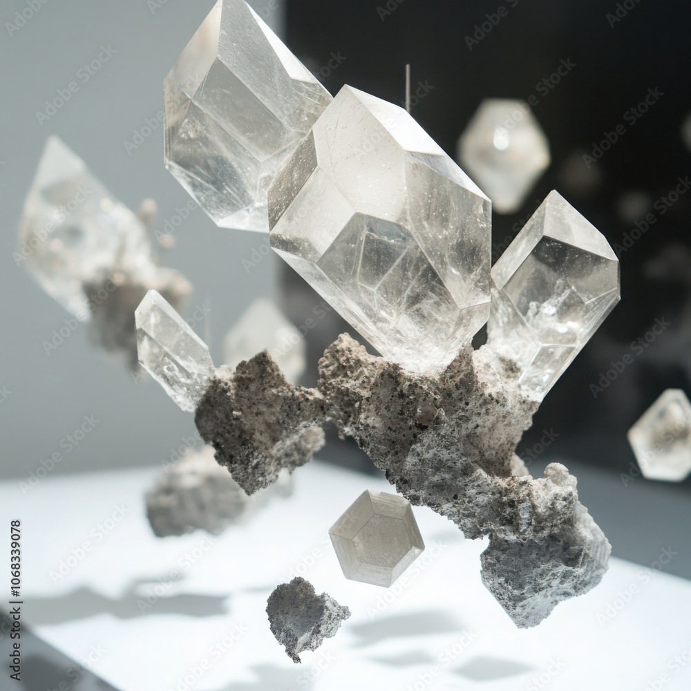Poster exploring the intricacies of laboratory crystal growth a fascinating journey into floating geometric