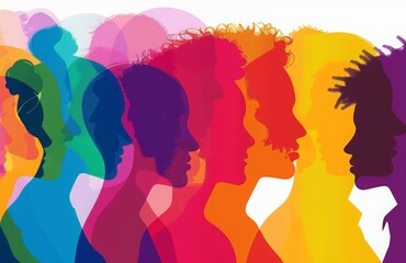 Colorful silhouettes of a diverse and multicultural community. Illustration of a multi ethnic group of people, profile portraits
