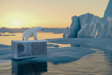 Global warming concept : polar bear standing  on  an air conditioner unit, on ice floe in the Arctic. 