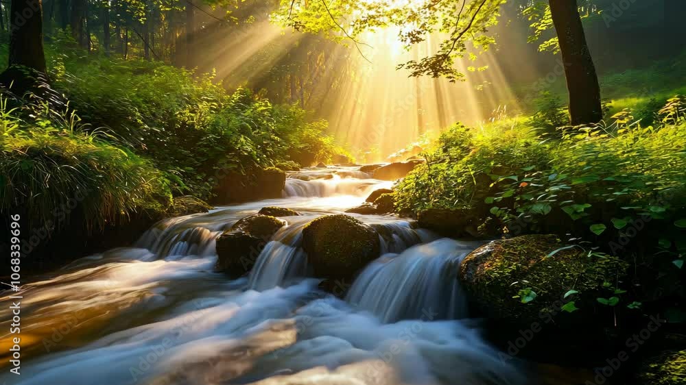 Poster sunlight streams through the trees, illuminating a small creek flowing over rocks in a lush forest