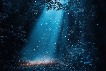 Ethereal light beams penetrating a dark forest illuminating hidden pathways with mystical radiance