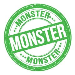 MONSTER text written on green round stamp sign