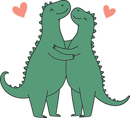 Fototapeta premium Adorable Dinosaur Couple Hugging with Hearts - Cute Cartoon Illustration