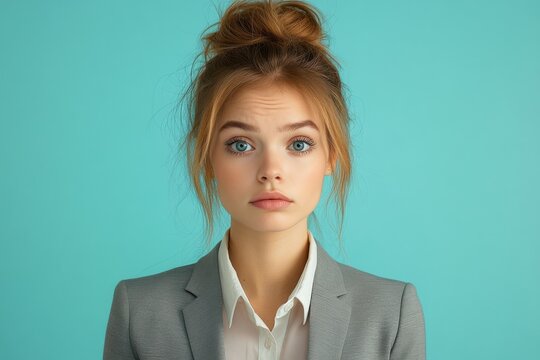 Female secretary in business suit annoyance or busy of work. 