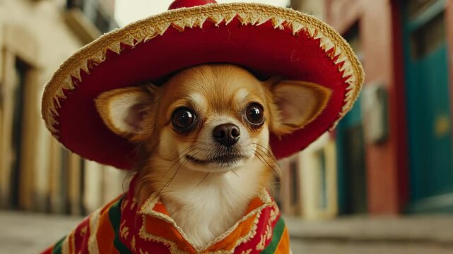 A small chihuahua wears a traditional Mexican sombrero and poncho while walking down a cobblestone street