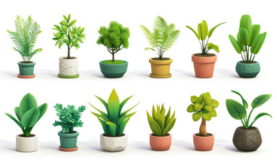 Fototapeta premium Plant shoot, potted houseplant, tree, grass, 3d cartoon icon set white background