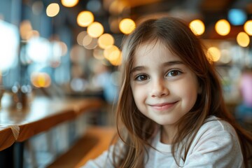 Obraz premium The young girl gentle smile, large eyes, and rosy cheeks add warmth and charm to the bokey and blur cozy cafe portrait background.