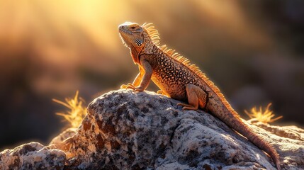A close-up of a large iguana lizard basking in the golden sunlight on a rock.