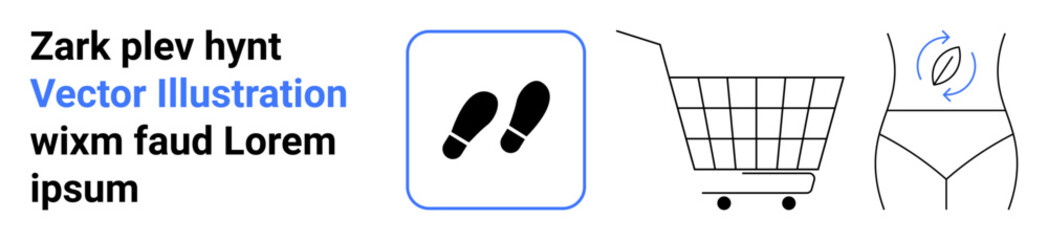 Footstep icon, shopping cart, and waistline with measurement icon promoting health and fitness goals. Ideal for fitness, nutrition, e-commerce, weight loss, gym marketing, health blogs, app design