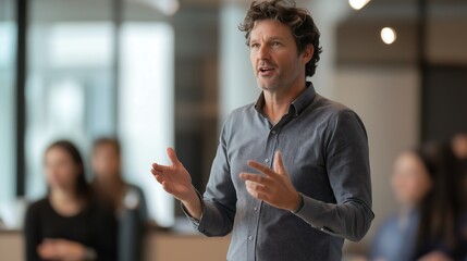 Manager confidently speaking to team mates with hand gestures, man presentation talk business career job work	
