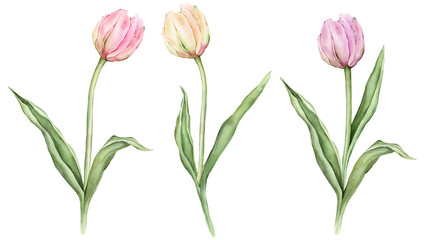 Obraz premium Set of pastel pink light yellow close bud Tulip watercolor illustration isolated on background. Hand drawn delicate garden spring perennial bulbous flower for spring summer wedding design or card.