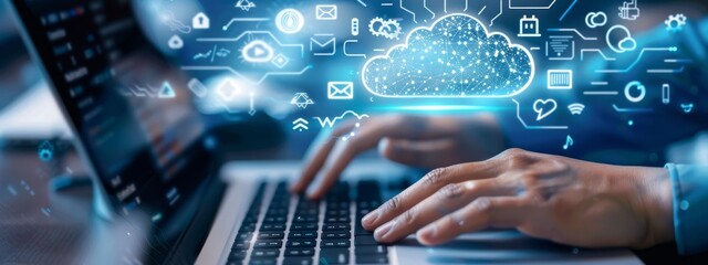 Weather icon with hands typing on a laptop with cloud environment change technology icons floating above, indicating the use and management of AI in data visualization design for web development.