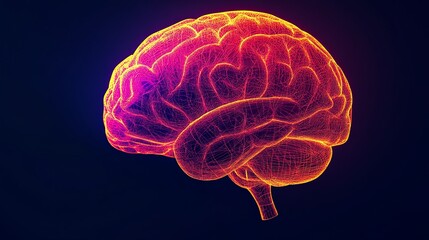 D Digital Human Brain Wireframe with Red and Yellow Neon Glowing Lines