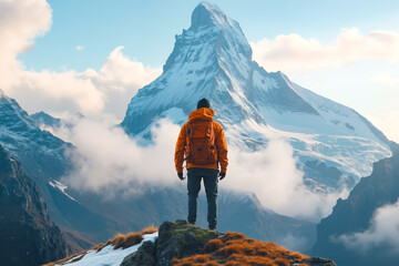 Obraz premium A man standing on top of a mountain looking at the Matterhorn