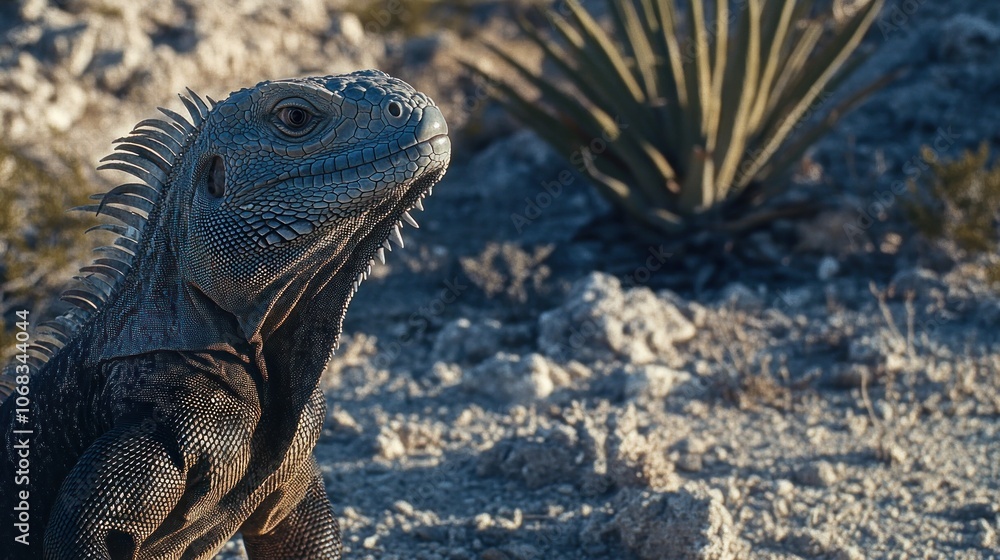 Poster a close-up of a large iguana with a spiky crest, looking to the right with a curious expression, set