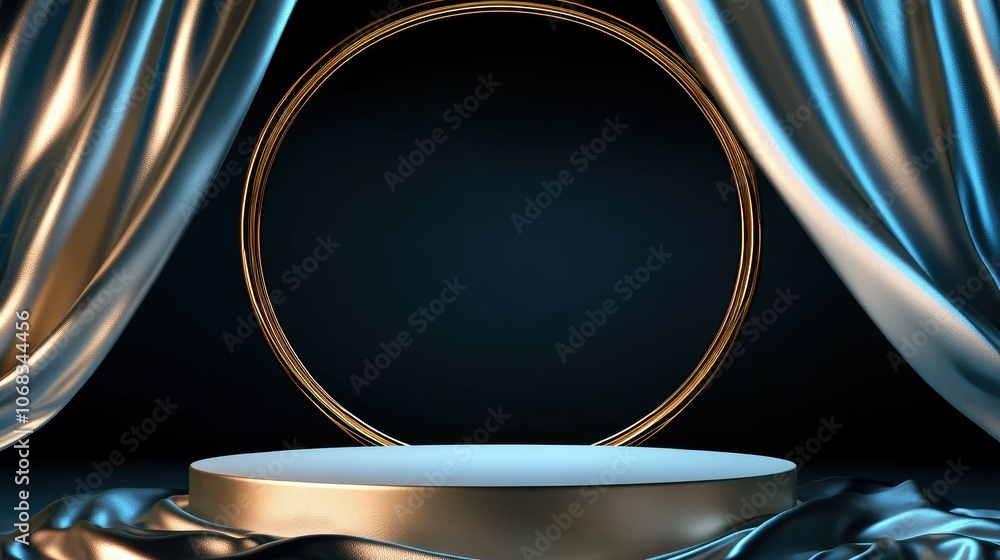 Poster artistic stage with circular frame and draped curtains