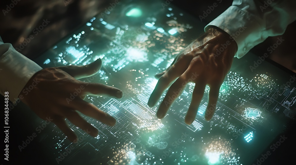 Poster hands interacting with a futuristic digital interface