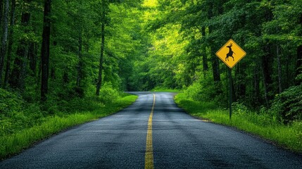 Serene Forest Road with Wildlife Crossing Sign