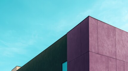 Building facade in lavender and olive, under a blue sky.