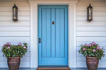 Stylish home entry with a sky-blue door and decorative potted plants.