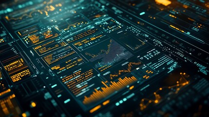 Obraz premium Futuristic Interface with Data and Graphs in Orange and Cyan