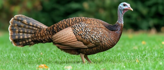 Obraz premium A wild turkey forages on vibrant green grass in a serene park, showcasing its distinctive plumage against a backdrop of colorful foliage
