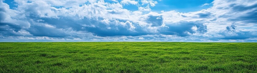 Fototapeta premium Expansive grassy plains stretch beneath a dramatic cloudy sky, evoking a sense of tranquility and nature's beauty.