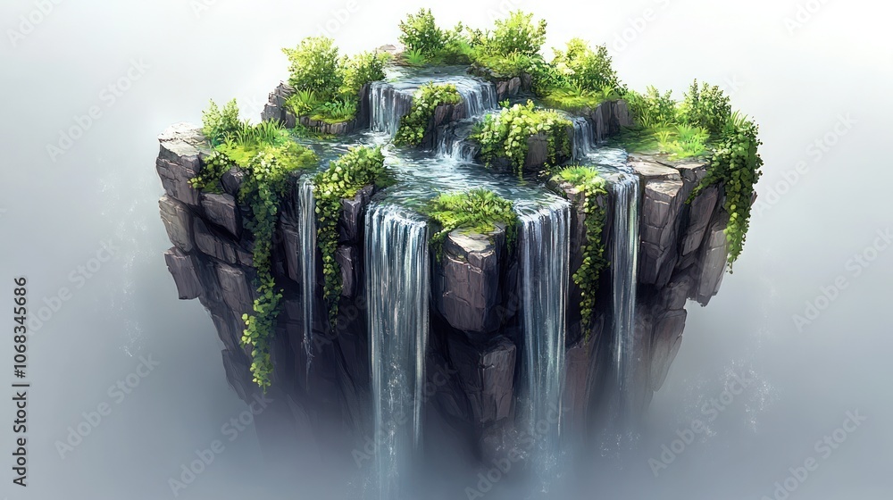 Poster a small, floating island with lush greenery and a cascading waterfall.