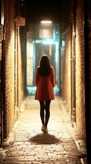 A woman in a red coat walks down a narrow, dimly lit alleyway.