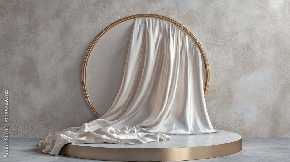 Poster elegant drapery on circular display with neutral background