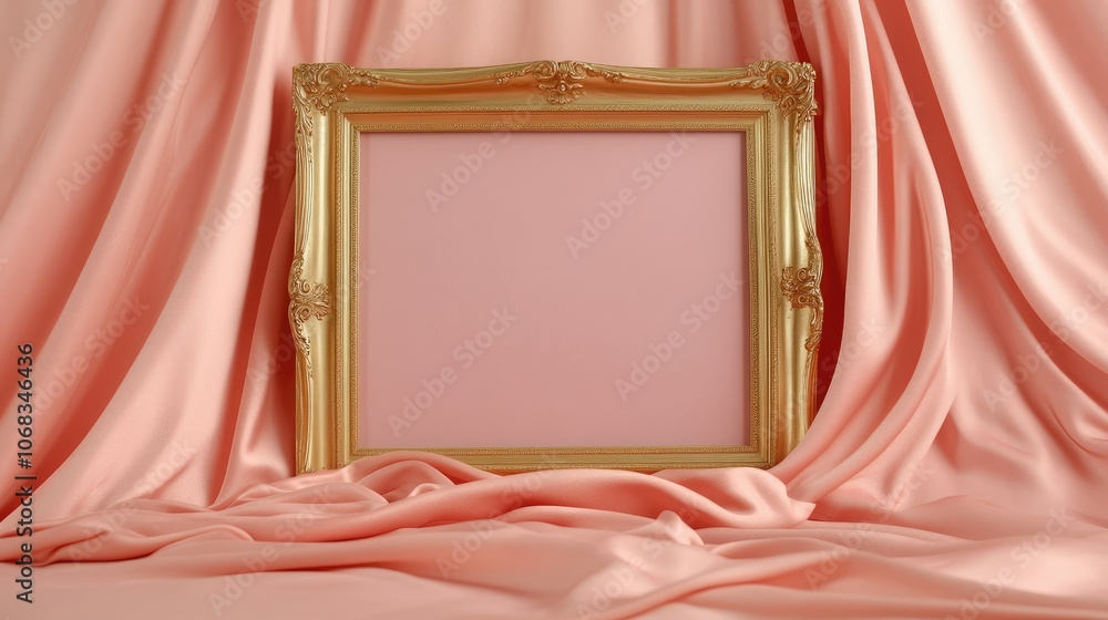 Poster elegant empty frame on soft pink fabric background