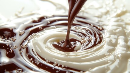 Chocolate sauce swirl with creamy milk in dessert.