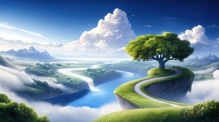 A picturesque anime landscape featuring a winding river through a colorful canyon, perfect for enhancing adventurous themes in artistic projects or marketing.