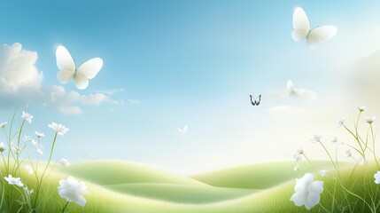 Obraz premium A picturesque anime nature background showcasing a tranquil meadow with butterflies and birds, perfect for crafting serene visuals for invitations or branding.